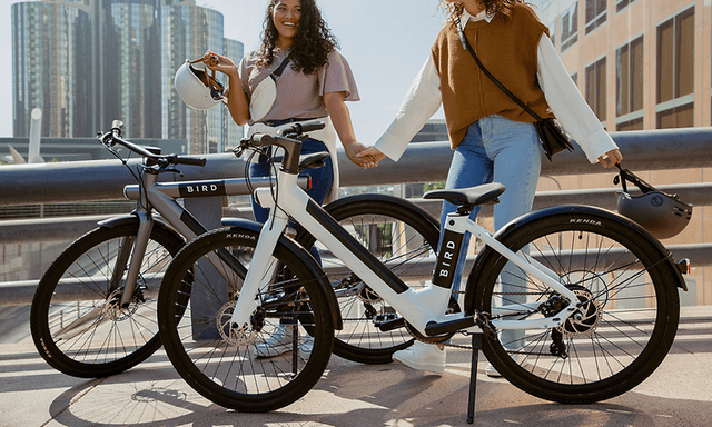 Två elcyklar i grått och vitt från Bird