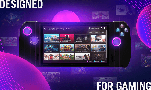 Asus ROG Ally-maskine på en lilla baggrund med apps og UI på skærmen
