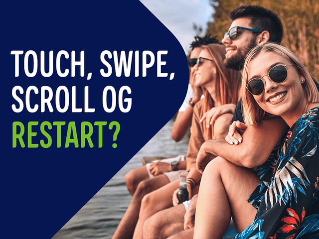 Banner med tekst, vinge og billede af mennesker ved en sø