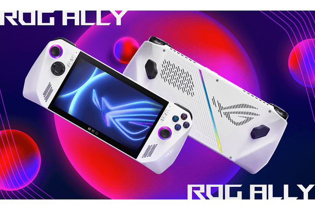 To Asus ROG Ally håndholdte spillmaskiner sett både fra forsiden og baksiden
