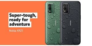 Grønn og sort Nokia XR21 som ser våte ut og teksten Super-tough, ready for adventure