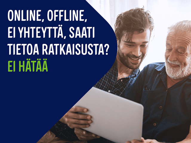 Mainoskuvassa aikuinen poika auttaa isäänsä kannettavan tietokoneen käytössä, sekä tietoa Gigantin palveluista tietokoneille