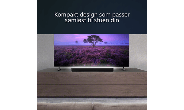 TV med Sony HT-S2000 lydplanke og teksten Kompakt design som passer sømløst til stuen din