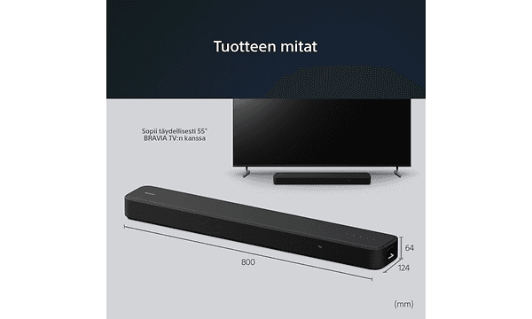 Kompaktin HT-S2000 3.1-kanavainen Dolby Atmos® Soundbarin mitat ja televisio