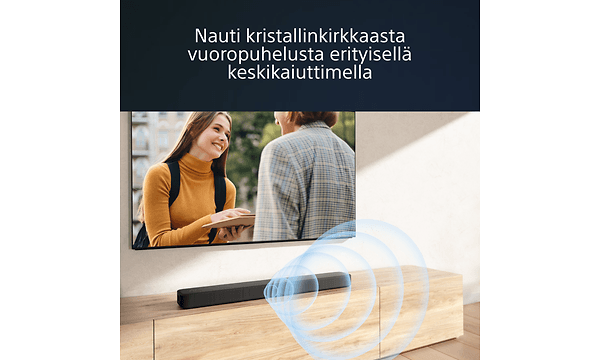 Kompakti HT-S2000 3.1-kanavainen Dolby Atmos® Soundbar olohuoneessa television alapuolella ja ääniaaltoja