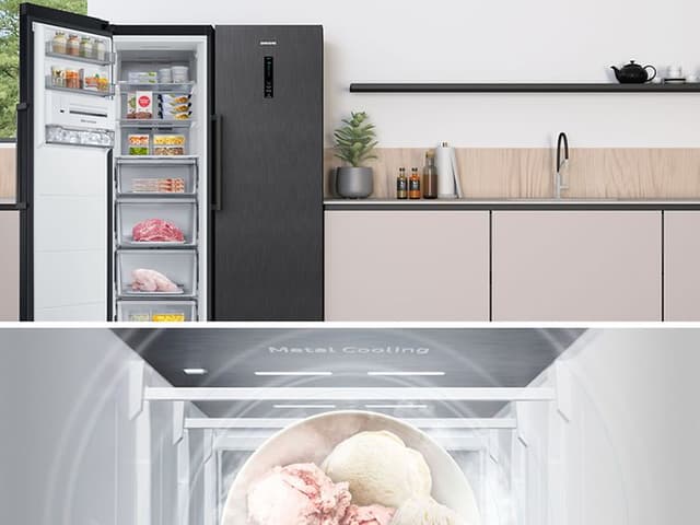 Kollaasi, jossa on keittiössä oleva Samsung-pakastin sekä kuvituskuva metal cooling -ominaisuudesta