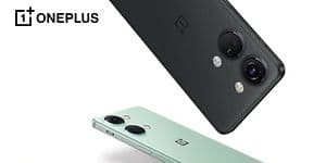 En sort og en tyrkis OnePlus Nord 3-telefon som svever på hvit bakgrunn