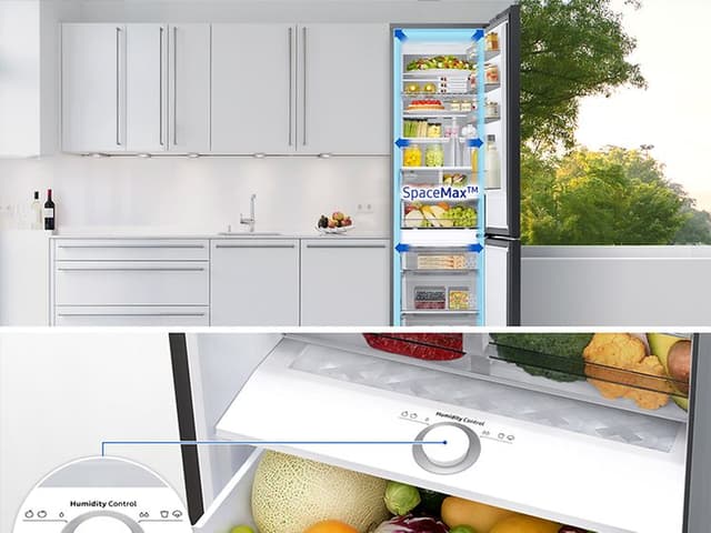 Samsung Bespoke kombikylskåp och dess låda Humidity Fresh+ fylld med frukt och grönsaker