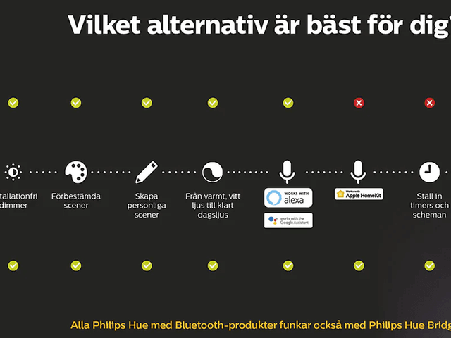 Philips Hue: VIlket alternativ är bäst för dig? En linje med olika symboler och text för att visa olika alternativ.