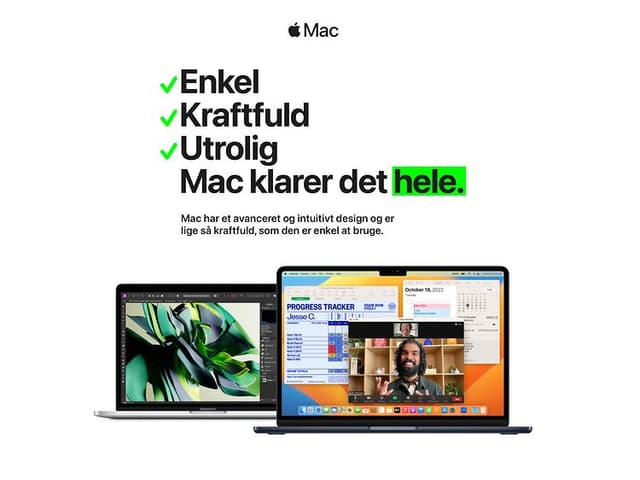 Apple - Banner med macbooks og kampagnetekst på hvid baggrund