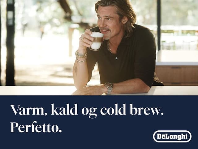 Skuespilleren Brad Pitt nyter en kopp LatteCrema laget av kaffemaskinen DeLonghi Eletta Explore