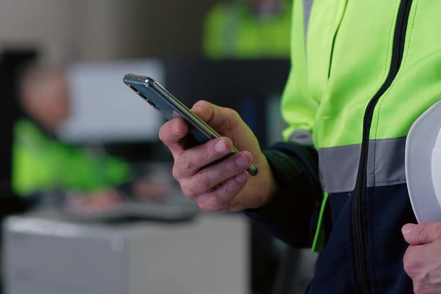Guide robuste mobiler - Smarttelefon i hånden på arbeider på byggeplass