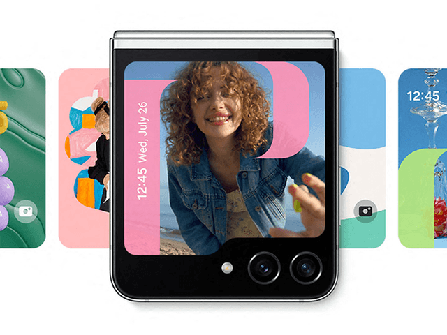 Samsung Galaxy Z Flip5 med frontskærmen tændt og illustrationer af de mange forskellige valgmuligheder