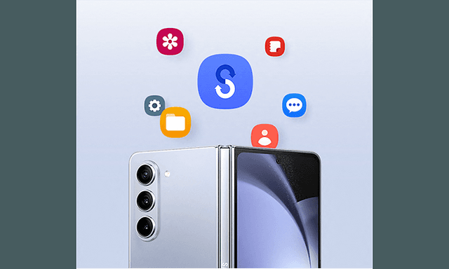Billede af Samsung Galaxy Z Fold5 og apps der svæver over den