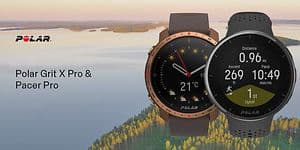 Polar Pacer Pro och Polar Grit X Pro sportklocka bredvid varandra och ett sjölandskap i bakgrunden