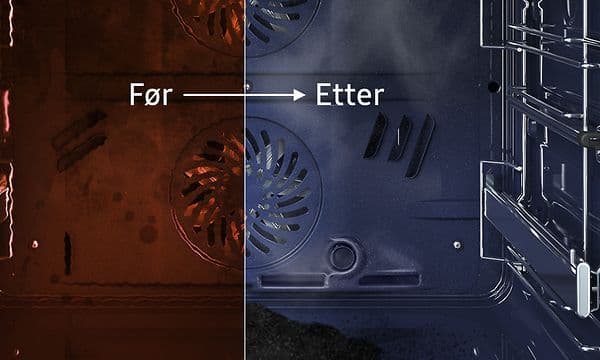 Samsung ovn med pyrolytisk rengjøring før og etter