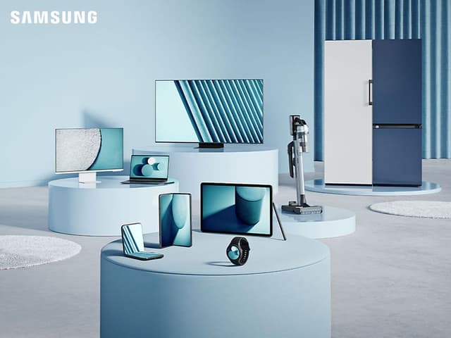 Et utvalg Samsung-smarttelefoner, nettbrett, TV-er og hvitevarer
