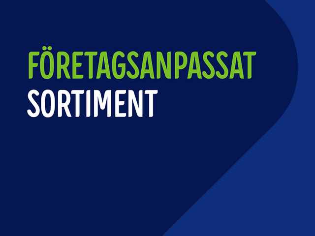 Blå banner med text Företagsanpassat sortiment i grönt och vitt