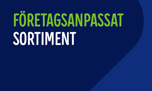 Blå banner med text Företagsanpassat sortiment i grönt och vitt