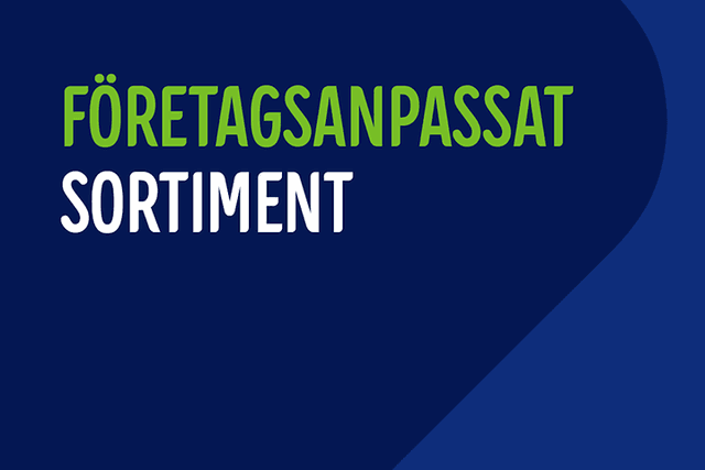 Blå banner med text Företagsanpassat sortiment i grönt och vitt