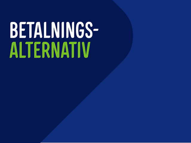 Banner med blå bakgrund med text Betalningsalternativ i vitt og grönt