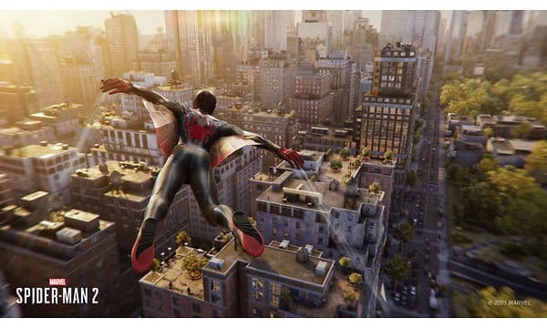 Gaming - Marvel's Spider-Man 2 - Screenshot af Miles Morales der flyver gennem New York