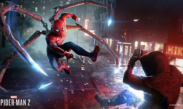 Gaming - Marvel's Spider-Man 2 - Kuvakaappaus pelistä, jossa Peter taistelee Spiderman-asuissa