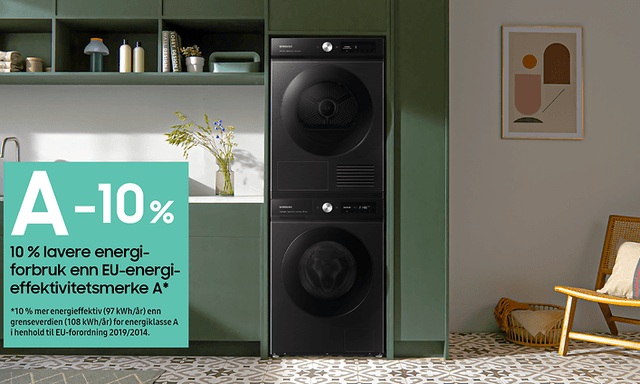 Samsung vaskemaskin og tørketrommel i vaskesøyle og teksten 10 % lavere energiforbruk enn EU-energi-effektivitetsmerket A