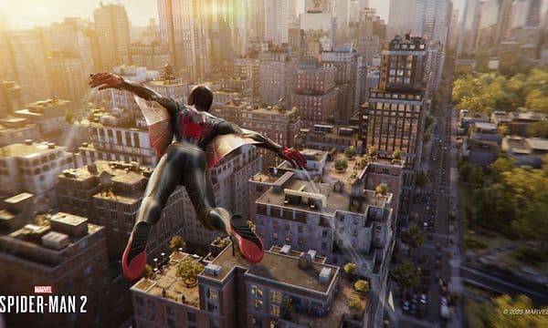 Gaming - Marvel's Spider-Man 2 - Skjermdump av Miles Morales som flyr rundt i New York