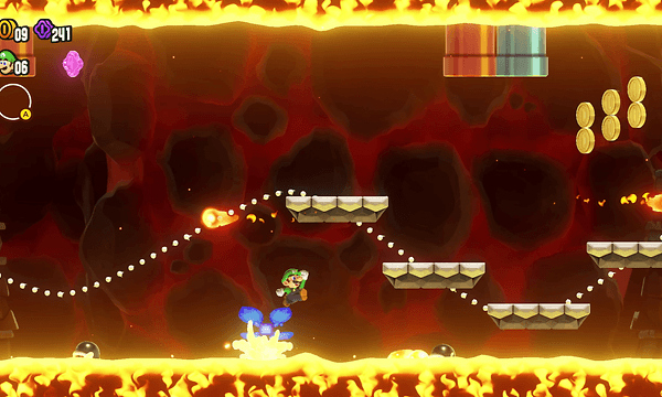 Kuvakaappaus Super Mario Bros. Wonder -pelistä, jossa Luigi hyppii laavan yllä