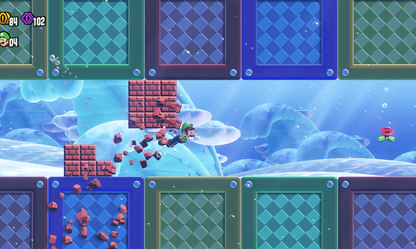 Kuvakaappaus Super Mario Bros. Wonder - pelistä, jossa Luigi-hahmo seikkailee pelimaailmassa