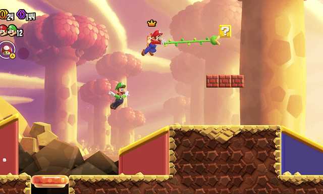 Kuvakaappaus Super Mario Bros. Wonder -pelistä, jossa Luigi ja Mario