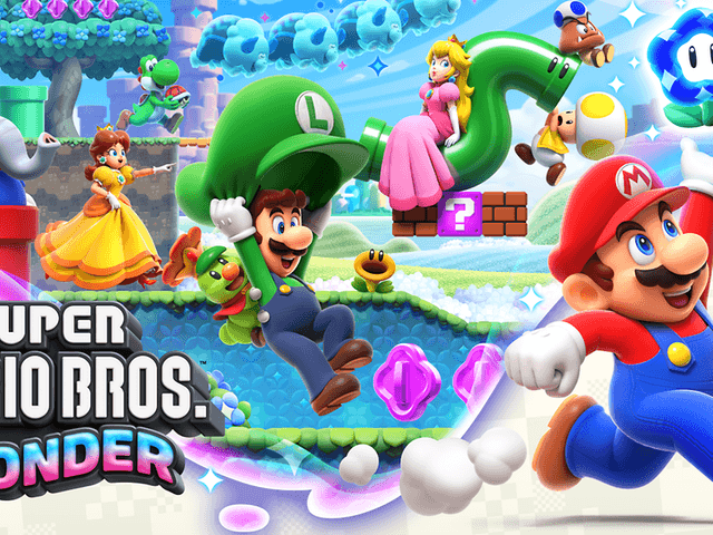 Super Mario Bro. Wonder -pelin mainoskuva, jossa pelin nimi ja eri hahmoja pelimaailmassa