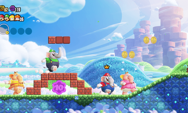 Super Mario Bros. Wonder -peli, jossa eri hahmot seikkailevat yhdessä pelin maailmoista