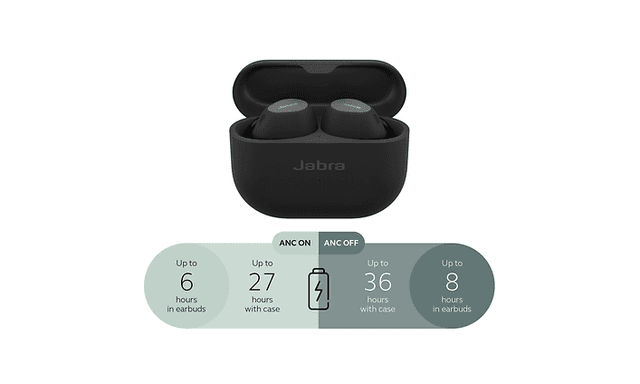 Jabra Elite 10 -kuulokkeet niiden latauskotelossa