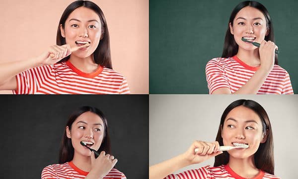 Collage of woman brushing her teeth with Philips One electrical toothbrush in four different colours