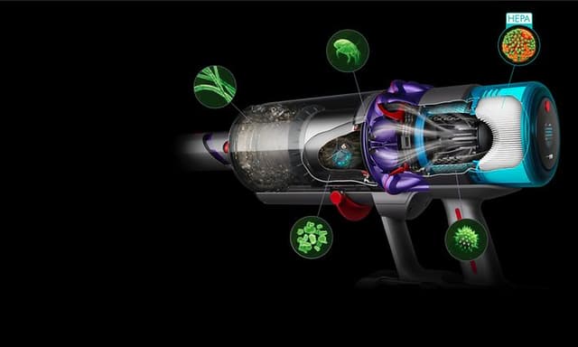 Kuvitus Dyson Gen5detectin suodatusjärjestelmästä ja siitä, miten se tunnistaa pölyn ja lian
