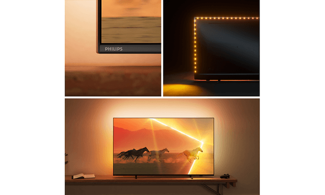 Kuvakollaasi, jossa Philips Ambilight-televisio kuvattuna kolmesta eri kuvakulmasta