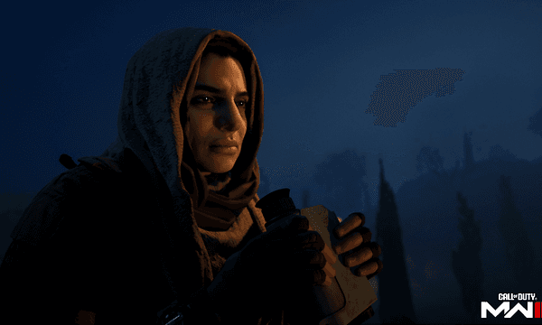 Screenshot of Farah Karim in a hood looking into the distance
