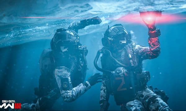 Screenshot of two soldier planting explosives under water