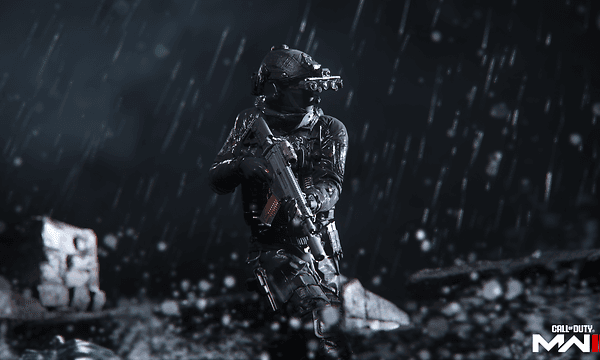 Screenshot of a soldier standing in full tactical gear in the rain