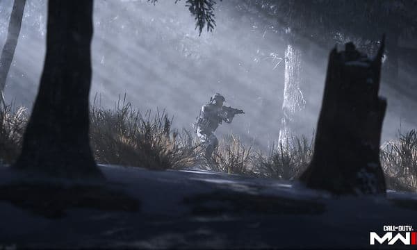 Kuvakaappaus CoD: Modern Warfare 3 -pelistä, jossa sotilas vaanii metsässä ase kädessään