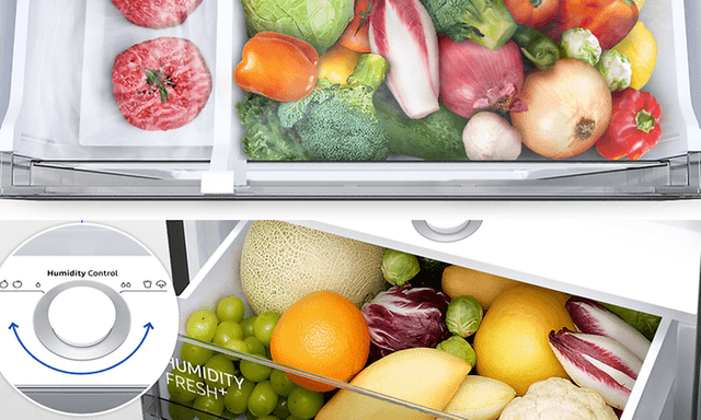 Samsung køleskabsskuffe med Humidity Fresh+ fyldt med frisk frugt og grøntsager