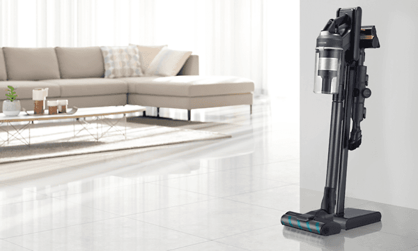 Samsung Jet vacuum charging up in the Z station in sparkling clean a living room