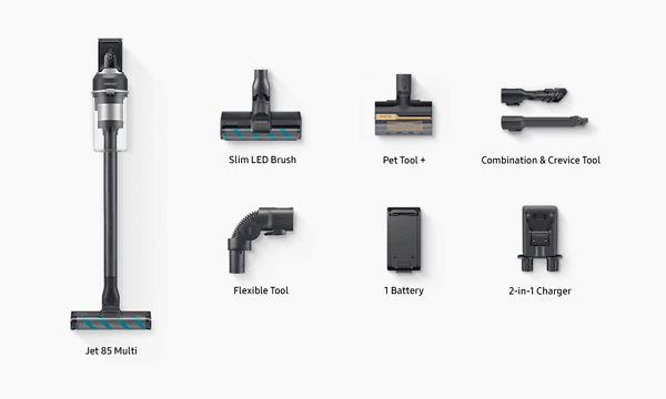 All the parts that come with the Samsung Jet 85 Multi vacuum cleaner