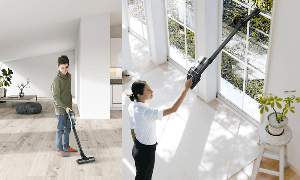 Samsung Jet being used by both a yung boy vacuuming living room and a woman cleaning windows showcasing the vacuums light weight