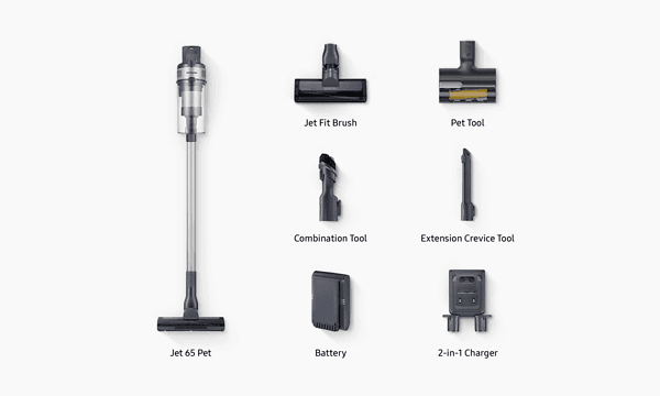 All the parts that come with the Samsung Jet 65 Pet vacuum cleaner