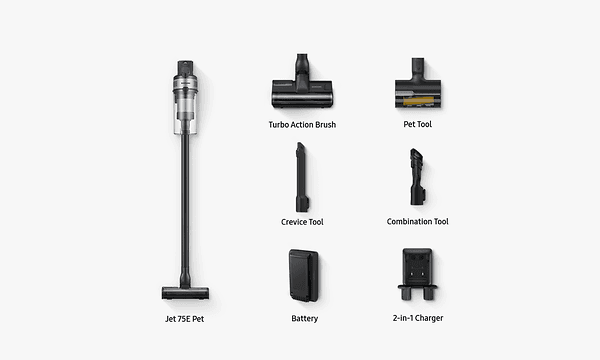 All the parts that come with the Samsung Jet 75 Pet vacuum cleaner