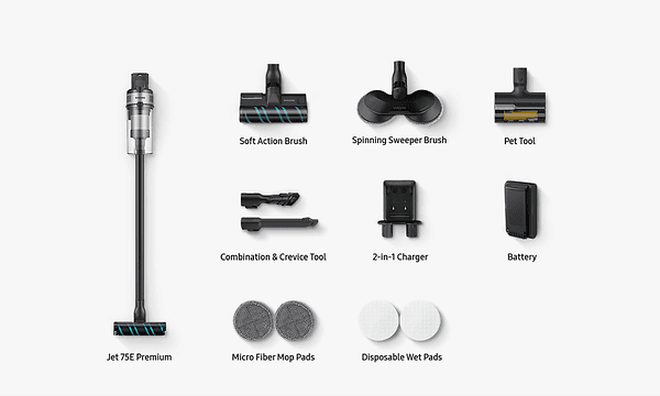 All the parts that come with the Samsung Jet 75 Premium vacuum cleaner