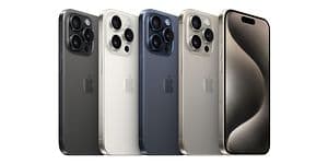 iPhone 15 Pro i forskjellige farger på rekke